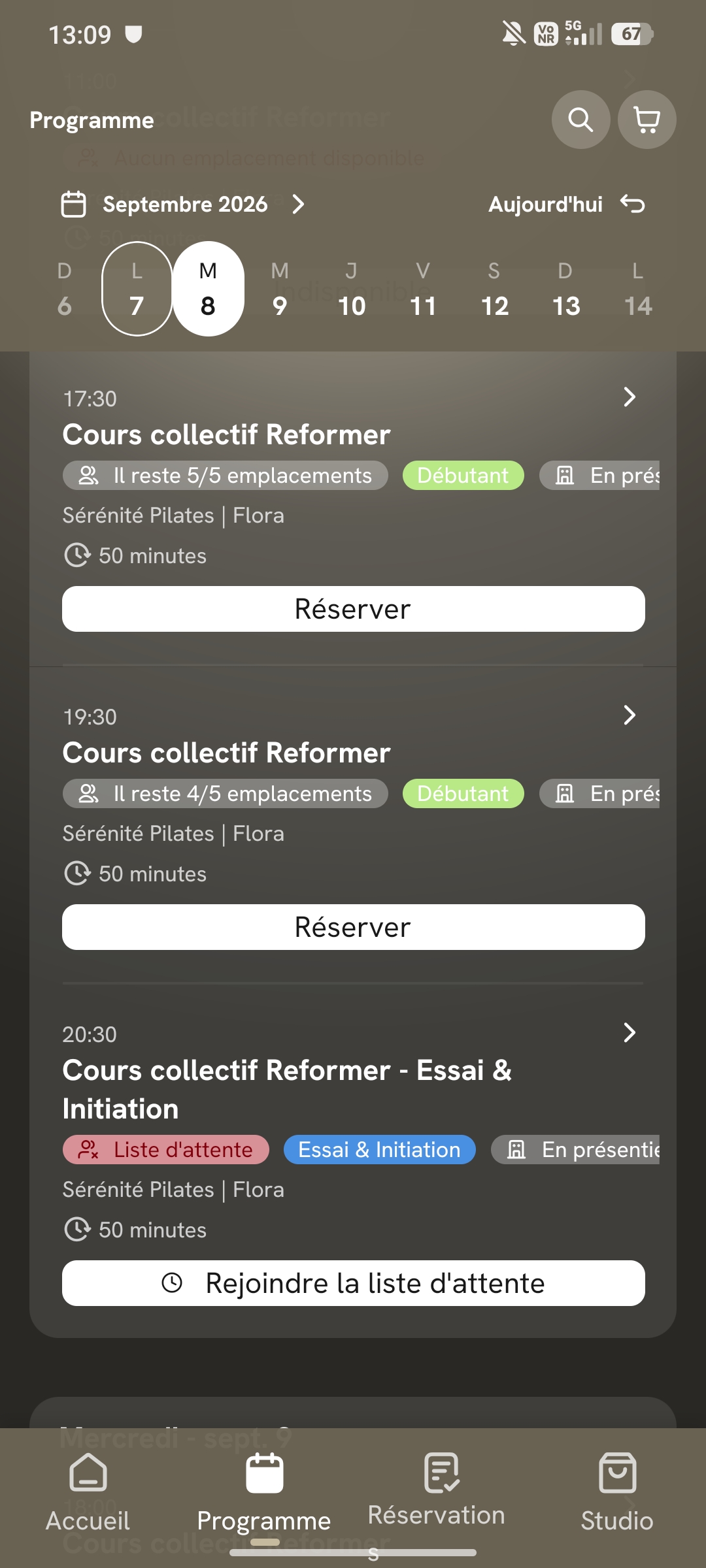 Application Sérénité Pilates - planning et réservation des cours